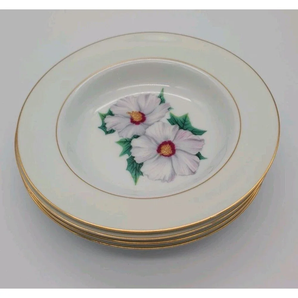 4 Vtg Kent Narumi China Tropical White Hibiscus Rimmed Soup Bowls KENTROP Japan
